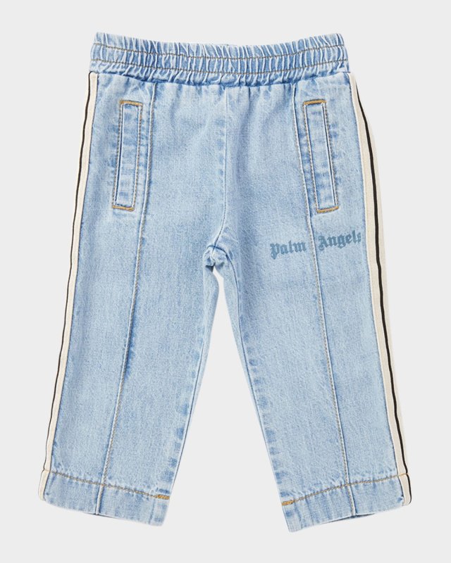 Boy's Striped-Trim Logo-Print Chambray Pants, Size
